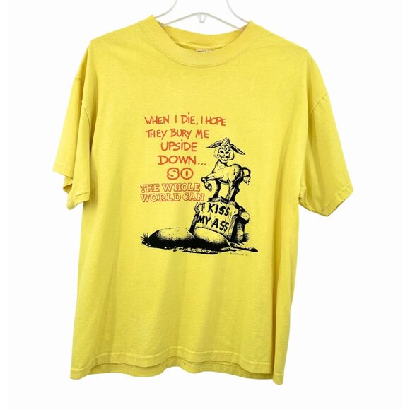 FUNNY VINTAGE HANES YELLOW NOVELTY GRAPHIC DONKEY KISS MY...T-SHIRT - L - Picture 1 of 5